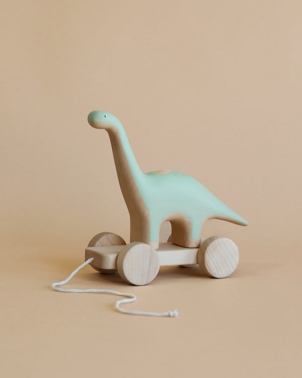 A handcrafted wooden Brachiosaurus dinosaur push toy with built-in magnets, painted in pastel green with non-toxic child-safe paint, set against a plain beige background.