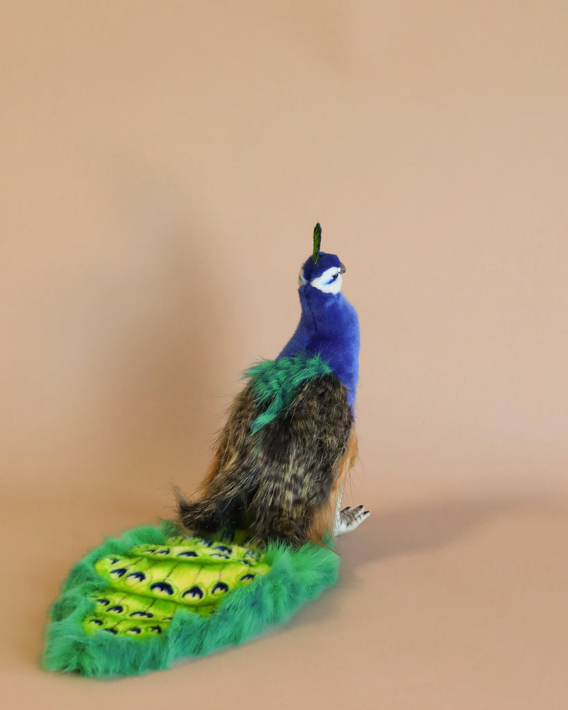A colorful, whimsical Peacock Stuffed Animal with a vibrant blue and green body and an embellished tail featuring eye-like patterns, positioned against a soft peach background.
