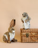 A realistic Groundhog Baby stuffed animal and a toy prairie dog standing beside a wicker basket on a soft beige background, the prairie dog standing upright on the lid.