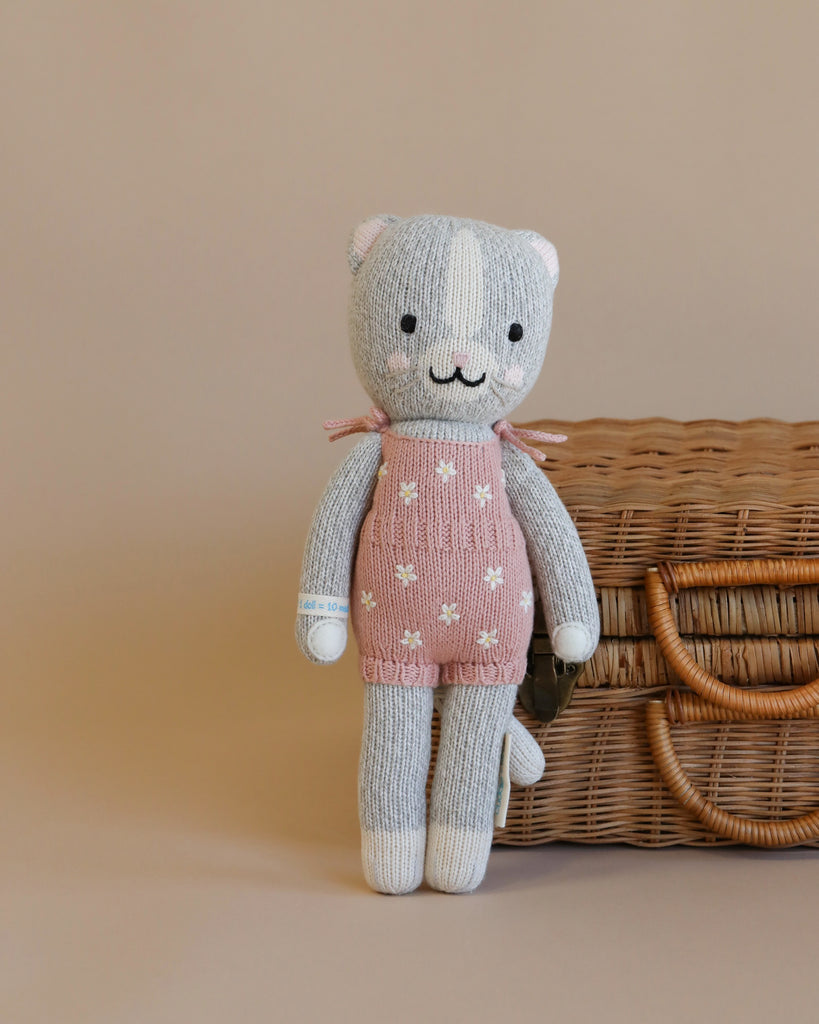 A Cuddle + Kind Cat Stuffed Animal in a pink dress with flower patterns, filled with hypoallergenic polyfill, standing beside a brown wicker basket against a plain beige background.