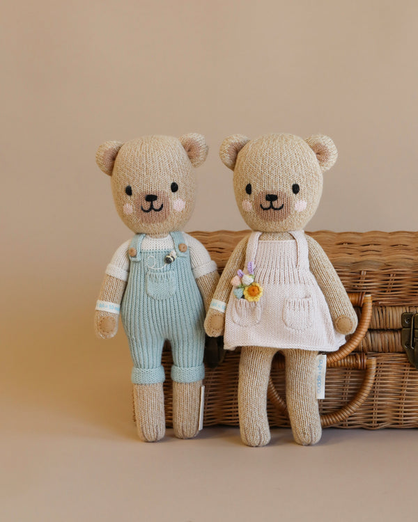 Two Cuddle + Kind the Honey Bears, one in blue overalls and the other in a white dress with flowers, standing against a wicker basket on a beige background.