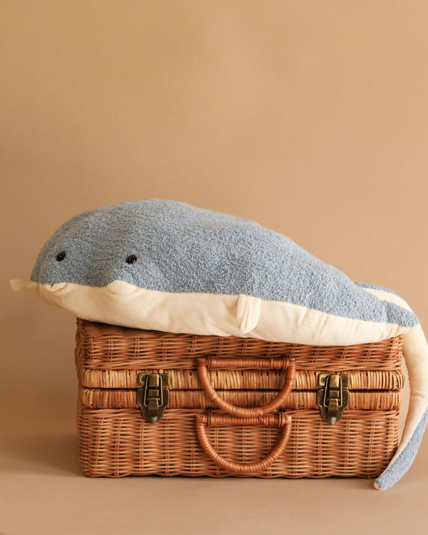 A plush Light Blue Stingray toy resting on top of a wicker basket against a beige background. The stingray is light blue and white, and positioned as if peeking out from the basket.