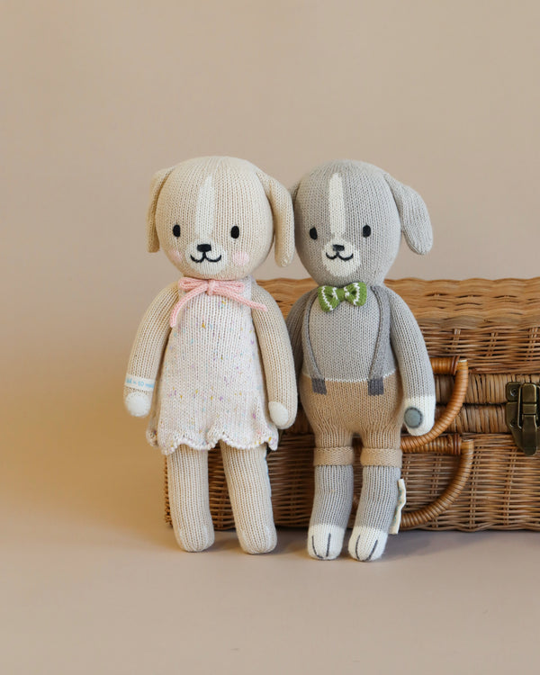 Two Cuddle + Kind Dog Stuffed Animals, one beige with a pink scarf and one gray with a green bow tie, sitting on a wicker basket against a neutral background.