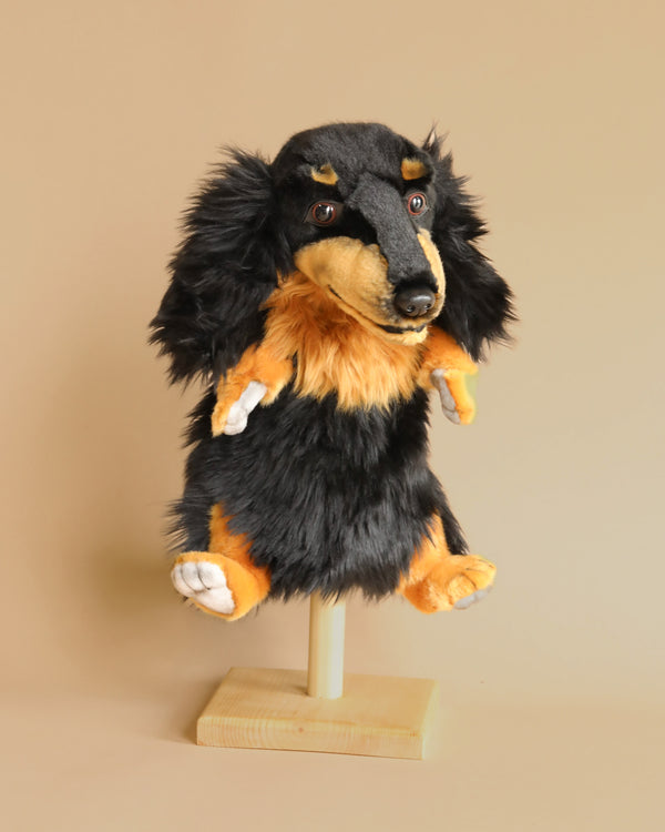 Dachshund Dog Puppet resembling a black and tan dog with long fur, hand-sewn by artisans, standing upright on a wooden base against a pale beige background.