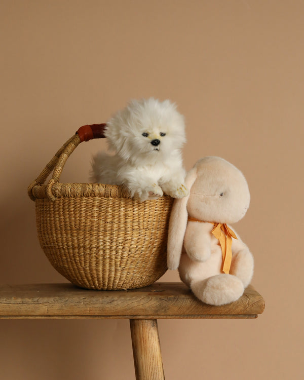 A fluffy white Maltese teacup dog cozily sits inside a handmade elephant grass Easter Basket with a brown handle on a wooden table, accompanied by a plush beige rabbit toy with floppy ears and an orange ribbon. The background emits a warm beige hue.