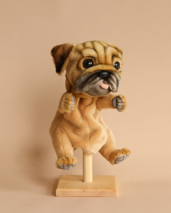 A hand-sewn sculpture of a Pug Dog Puppet standing on its hind legs with its front paws held up, mounted on a wooden stand, set against a light beige background.