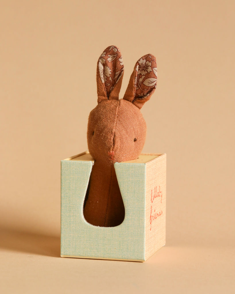 A Maileg Lullaby Friend Bunny Rattle in a rich chocolate color, featuring patterned ears, peeks out from a pastel-colored gift box with a cut-out front and the words "little princess" adorning the side. Made from soft fabrics, it sits gracefully against a solid light beige background.