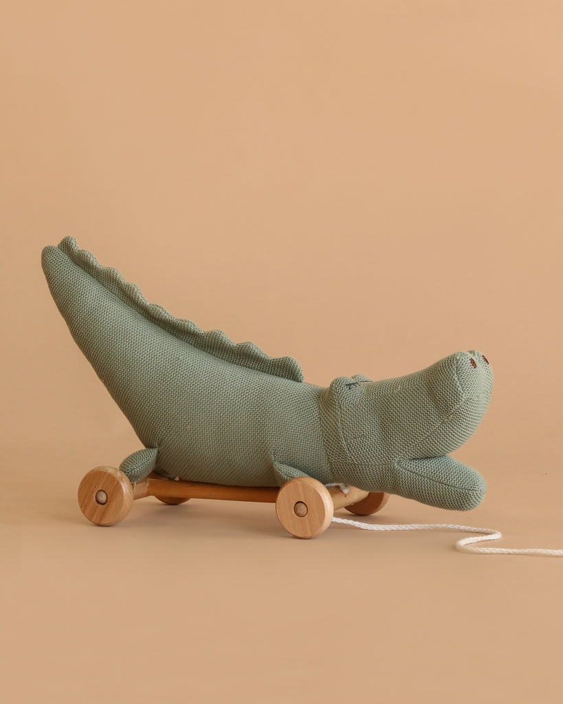 The Pull-Along Croc is a soft, green, crocodile-shaped toy with wooden wheels and a white string—perfect for developing gross motor skills. From Egmont Toys, it’s shown on a plain beige background.
