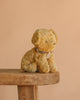The Maileg Puppy in Basket - Soft Sand plush sits on a wooden bench against a plain beige background.