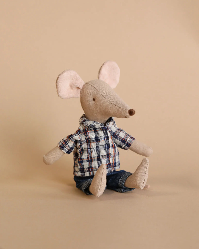 A Maileg Starter Set - The Parents doll dressed in a plaid shirt and denim pants, sitting against a plain beige background.