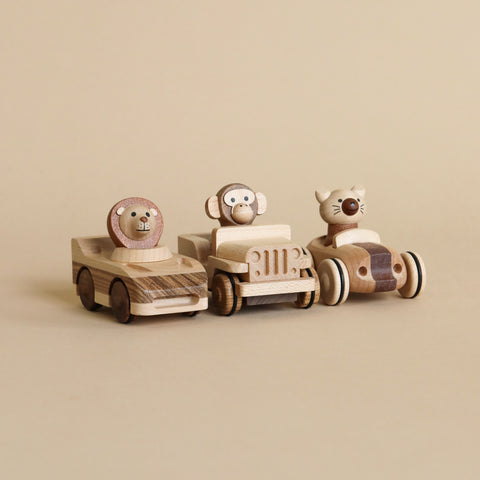 Three wooden car toys with animal inside. 
