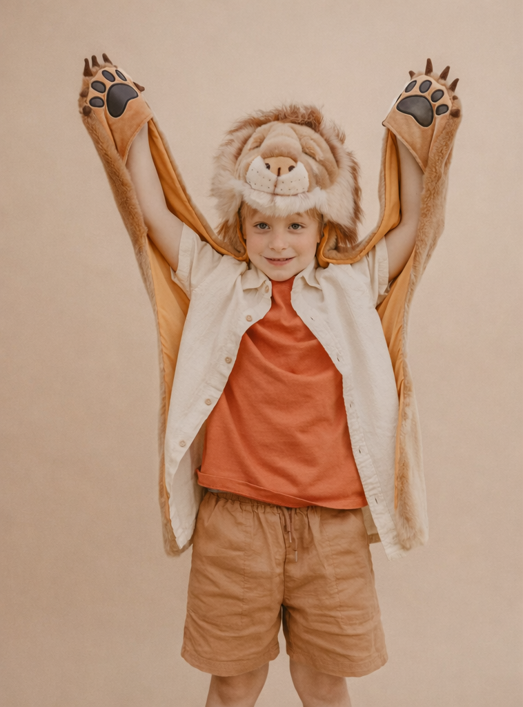 Smiling child wearing the Costume - Lion faux fur hood with raised paws, peach shirt, cream overshirt, and tan shorts, standing against a plain beige background.