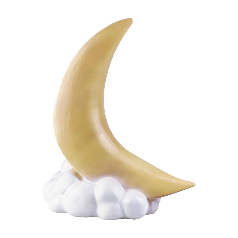 The Crescent Moon Lamp features a crescent moon sculpture made from heat-resistant resin, perched on a fluffy white cloud. Its soft yellow hue and whimsical design create a peaceful atmosphere, making it an ideal nursery lamp that exudes lightness and imagination.