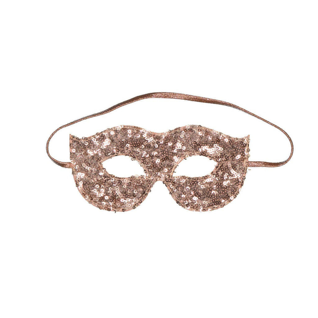 The Mask - Pink sequins is a sparkling, glamorous accessory with two eyeholes and a thin elastic strap, shown against a white background—perfect for stylish evenings.