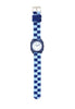The Mini Kyomo Watch - Blue Sunday - Blue Checkered features a blue checkered fabric strap, round white face with black numbers, and a blue square case, displayed on a white background.