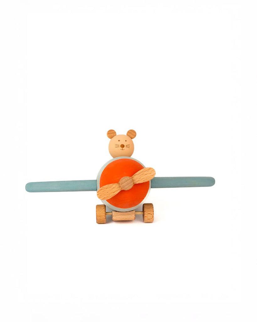 The Sabo Concept Aviator Mouse, a wooden toy airplane with blue wings and an orange propeller, features an Aviator Mouse pilot and is displayed on a white background to inspire imaginative play.