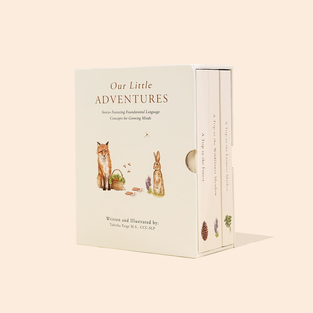 A beige colored Book Box Set titled "Our Little Adventures," featuring illustrations of a fox and a rabbit on the cover, displayed against a subtle peach background.