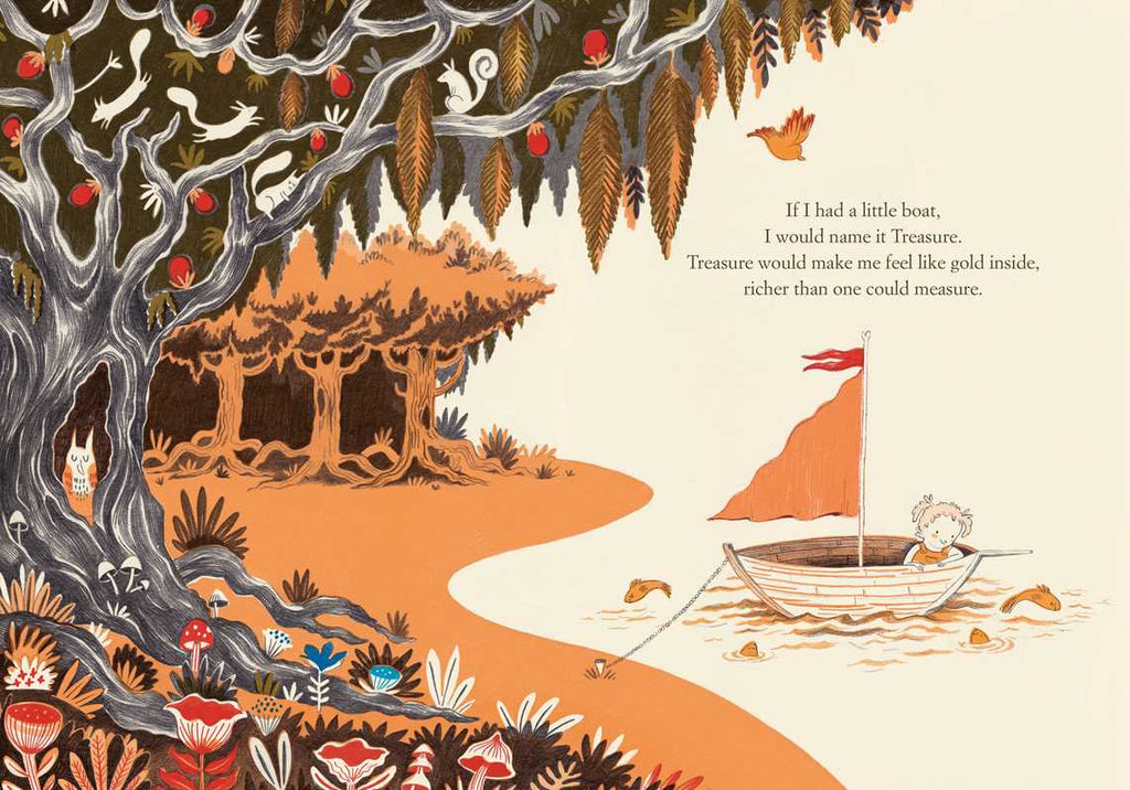 In Nina Laden’s "If I Had a Little Dream," a child sits in a small boat with a red sail by the riverbank, gazing at a forest, while an owl perches in a tree and warm brown, orange, and gold tones create a cozy picture book scene.
