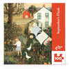 September’s Flush Mini - 100 Piece Mini Puzzle featuring a folk-art style country garden scene with a woman gardening, two white geese, a farmhouse, and laundry hanging on a line.