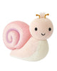 The Cuddle + Kind Baby Snail (Peony) is a hand-knit, collectible doll from Peru featuring a cream snail body, pink peony spiral shell, black eyes, smiling mouth, and golden antennae—adorably crafted by artisans.