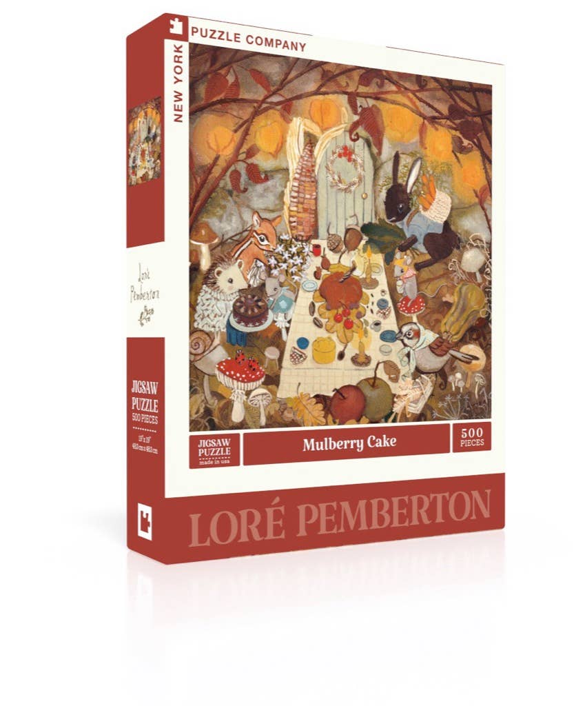 Mulberry Cake - 500 Piece Jigsaw Puzzle by Loré Pemberton features a woodland animal tea party with fruits, cakes, and autumn colors—a delightful pick for nature lovers.