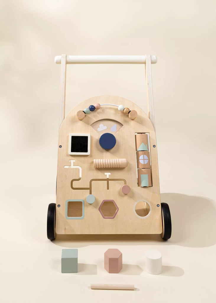 Wooden Activity Walker with wheels, featuring pastel-colored shape blocks, bead maze, spinning gears, and shape sorters. This sensory toy includes four matching blocks and a front-placed stick on a light background.