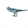 A Schleich Cryolophosaurus Dinosaur Toy with Movable Jaw, featuring a blue and gray theropod design, stands on a white background with its mouth open and small arms raised.