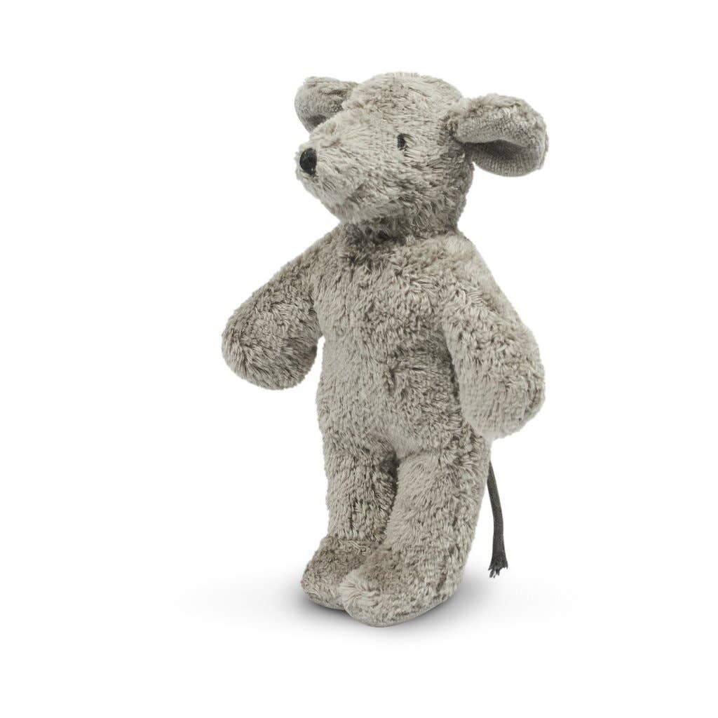 The Senger Naturwelt Stuffed Animal - Mouse is a soft, plush gray toy made from GOTS-certified materials. It stands upright and features large round ears, a pointed nose, black stitched eyes, and a thin tail.