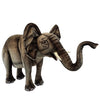 The Ride-On Elephant - Final Sale features brownish-grey fur, large ears, white tusks, and a raised trunk. Standing on four legs against a white background, it’s perfect for fans of realistic animal toys.
