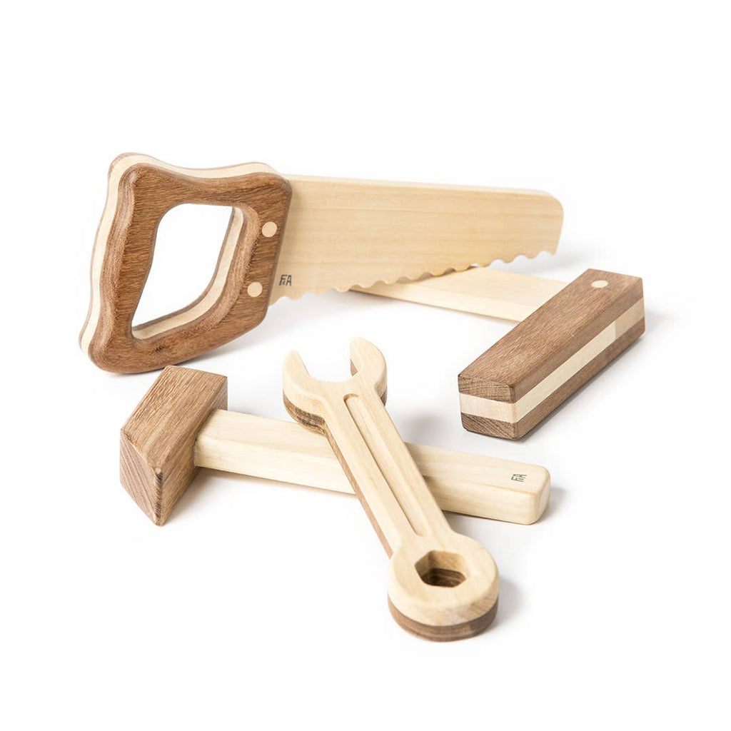 The Wooden Tool Set features four solid rubber wood tools—a saw, hammer, wrench, and screwdriver—neatly arranged on a white background.