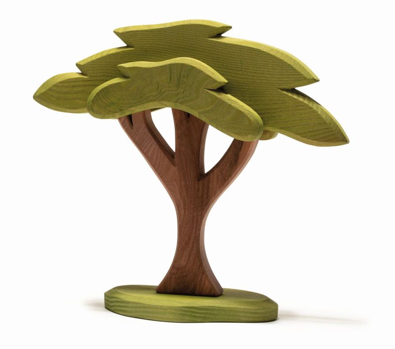 The Ostheimer African Tree is a wooden figurine featuring a dark brown trunk and a canopy of layered, light green leaves. It stands on a small, flat base and showcases a stylized, minimalist design that is perfect for imaginative play.