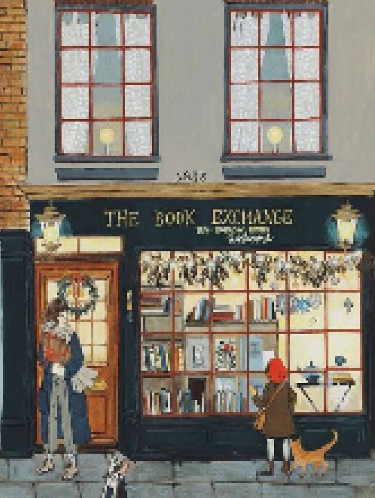 Illustration of a bookshop with “The Book Exchange” sign, people and a dog outside, and festive windows—a perfect holiday gift for book lovers: The Book Exchange - 1000 Piece Jigsaw Puzzle.