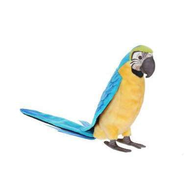 A Macaw Bird Stuffed Animal stands on a white background, looking left with its vivid blue wings partially displayed and long tail extended, showcasing realistic features typical of HANSA animals.