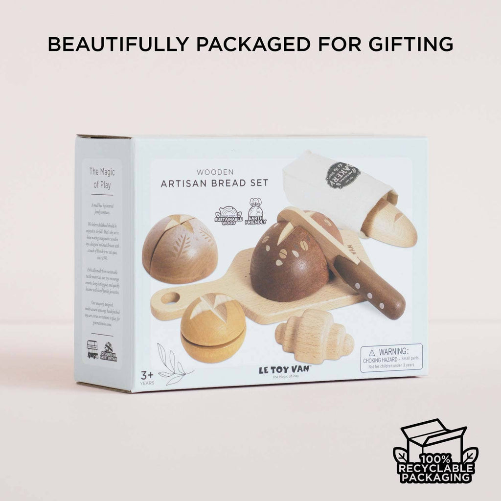 The Artisan Bread and Knife Set, shipping in one week, is a wooden pretend play set for ages 3+ with bread toys and accessories. Beautifully packaged for gifting in 100% recyclable packaging.