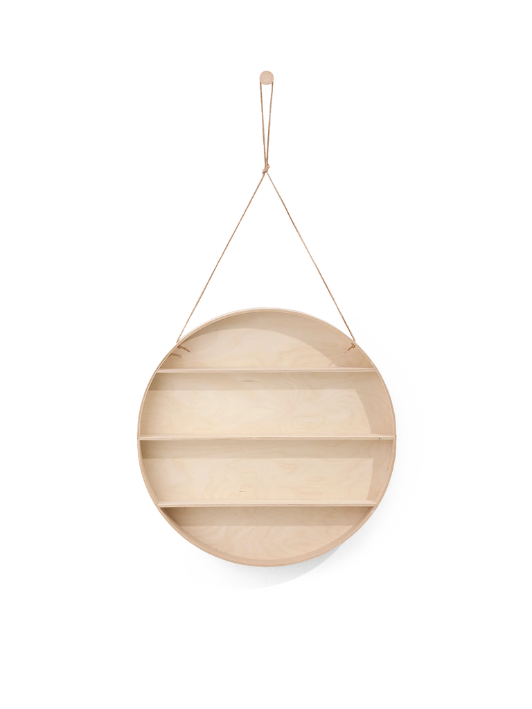 A Ferm Living Round Hanging Shelf with two tiers, suspended by a metallic chain, on a plain white background with subtle horizontal lines.