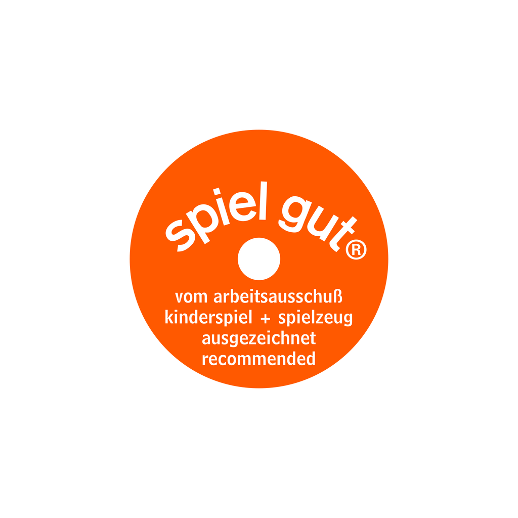 An orange circular logo with white text that reads "spiel gut" is prominently displayed on the Teddy Hermann Standing Tabby Cat Stuffed Animal. Below the logo, additional text states "vom arbeitsausschuss kinderspiel + spielzeug ausgezeichnet recommended." The black background accentuates its child-friendly design.