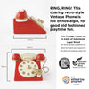 The Vintage Wooden Telephone features a red and beige retro design, crafted from certified eco-friendly wood with a rotary dial and cord. Side and front views highlight its nostalgic appeal and sustainable materials.