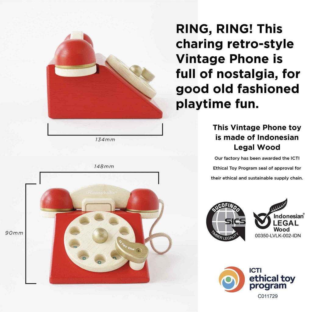 The Vintage Wooden Telephone features a red and beige retro design, crafted from certified eco-friendly wood with a rotary dial and cord. Side and front views highlight its nostalgic appeal and sustainable materials.