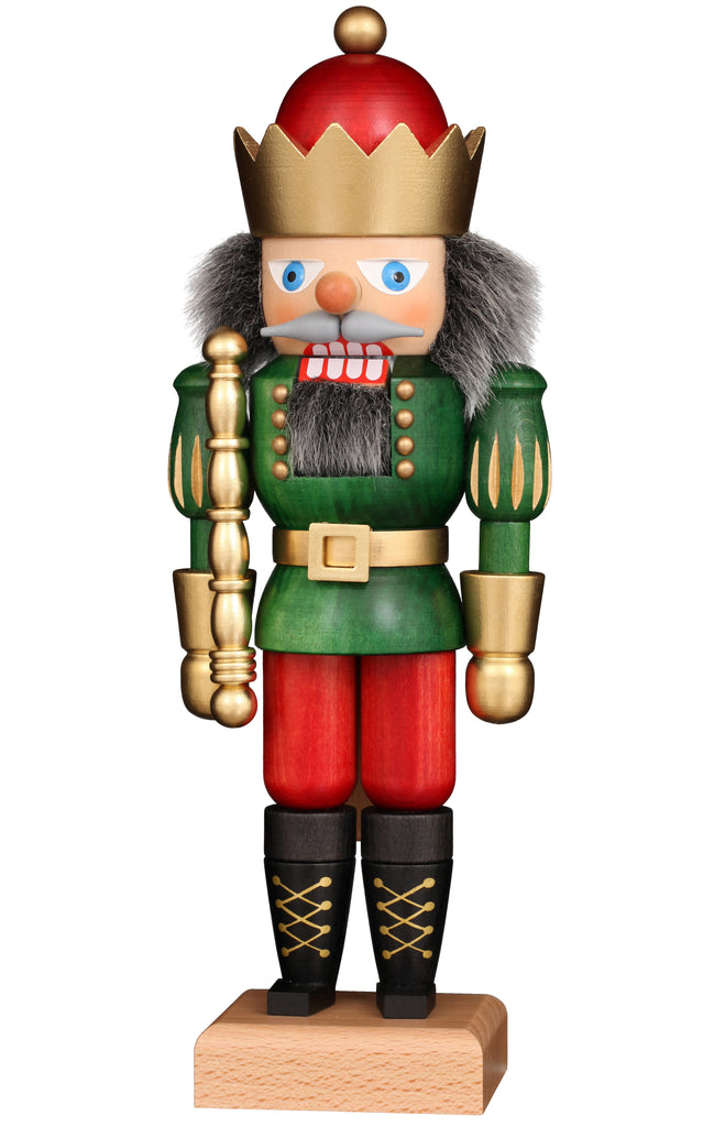 The Christian Ulbricht Collectible Wooden Nutcracker - King (Red and Green) is a German-made figurine dressed as a royal soldier with a crown, green jacket, red pants, black boots, mustache, white hair, gold staff, and wooden base.