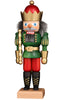 The Christian Ulbricht Collectible Wooden Nutcracker - King (Red and Green) is a German-made figurine dressed as a royal soldier with a crown, green jacket, red pants, black boots, mustache, white hair, gold staff, and wooden base.