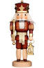 The Christian Ulbricht Collectible Wooden Nutcracker - Prince (Natural and Gold) features a regal prince with a gold staff and crown, red-and-gold uniform, white hair, round base, and is proudly made in Germany.