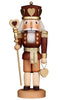 Introducing the Christian Ulbricht Collectible Wooden Nutcracker - King of Hearts: a limited-edition piece designed as a regal king. This exquisite figure is adorned with heart motifs and features a scepter and a heart-shaped ornament. Dressed in brown and gold with a golden crown, it proudly stands on a round base, complete with white hair and beard.