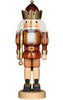 The Christian Ulbricht Nutcracker - King (Natural) is crafted in Germany, depicting a king adorned with a crown and royal garments. It showcases a natural wood finish and features white hair, a beard, and holds a golden scepter while standing elegantly on a circular wooden base.