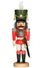 The Christian Ulbricht Collectible Wooden Nutcracker - Red Soldier is adorned in a red and white uniform, complete with a green hat, gold star, and white plume. With a distinctive black mustache, gray hair, and holding a black and gold sword, this German-made figure confidently stands upon a round wooden base.