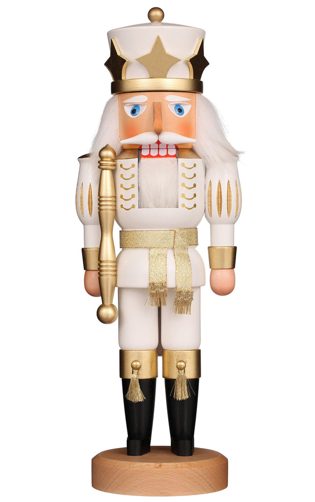 The Christian Ulbricht Collectible Wooden Nutcracker - White Prince features a regal figure in a white and gold uniform with a crown, golden staff, white hair, black boots, and stands on a round wooden base.