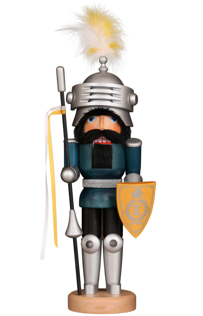 The Christian Ulbricht Collectible Wooden Nutcracker - Knight Lancelot Glazed features a medieval knight in armor with a feathered helmet, spear, and yellow shield with crest—an exquisite limited edition made in Germany.