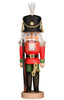 The Christian Ulbricht Collectible Wooden Nutcracker - Toy Soldier features a red and green uniform with gold accents, white hair, a black hat with a gold star, and holds a rifle and wind-up key. Handcrafted in Germany.