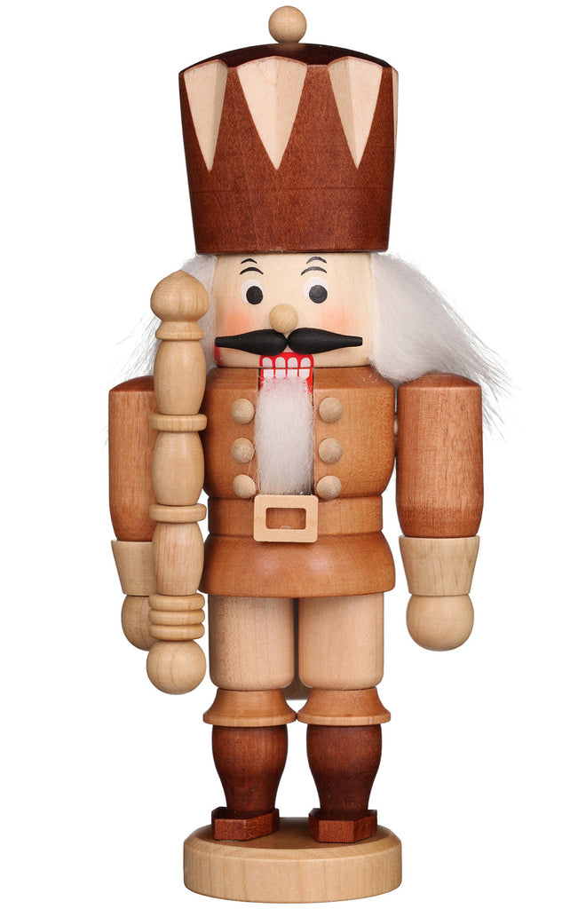 The Christian Ulbricht Collectible Wooden Nutcracker - King (Natural) features a mustache, long white hair, a tall brown hat, staff, and a brown uniform with buttons and boots.