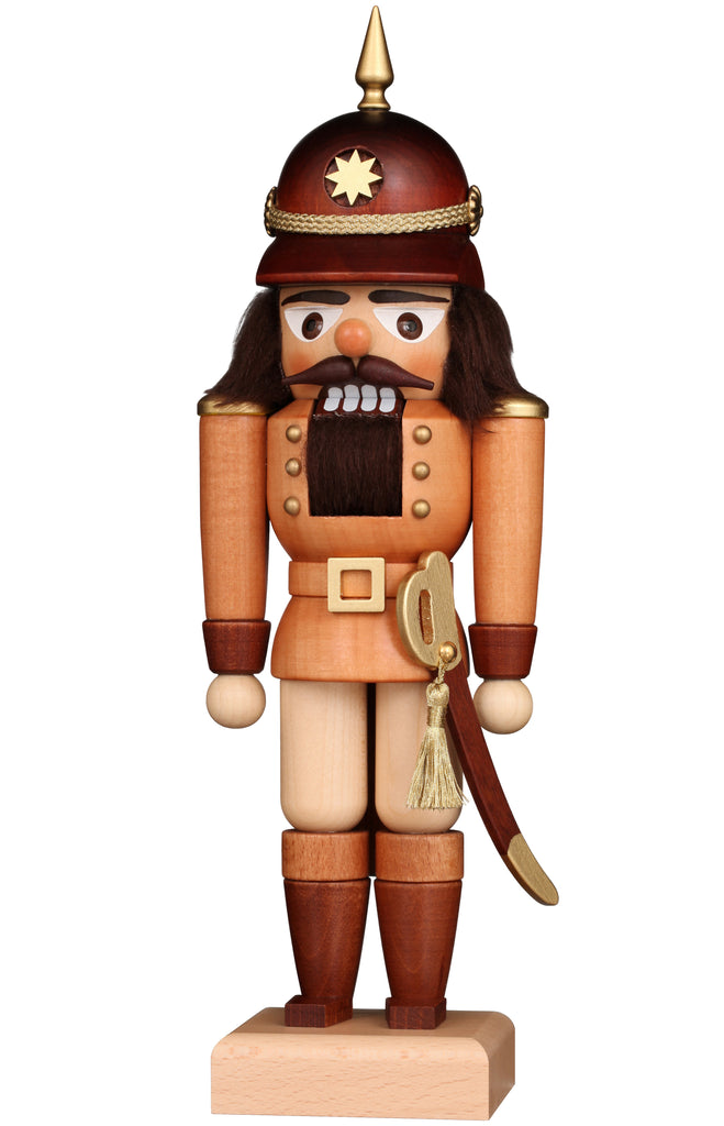 The Christian Ulbricht Collectible Wooden Nutcracker - Policeman is a limited edition piece handcrafted in Germany, featuring classic style details like a brown helmet, mustache, dark hair and beard, a gold sword, and a rectangular base.