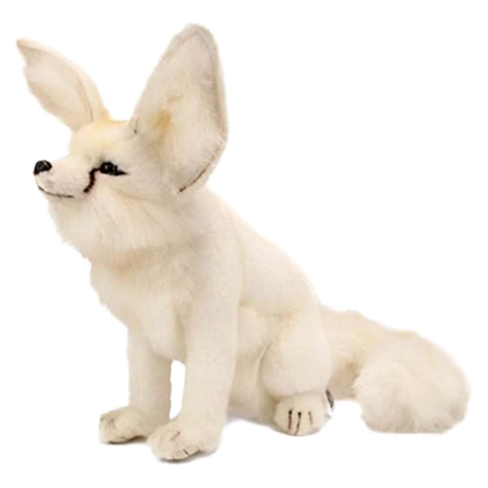 An Arctic Fox stuffed animal from the HANSA collection sits upright with hand-sewn features like large ears, creamy white fur, and a bushy tail, perfectly capturing the essence of this Arctic creature.